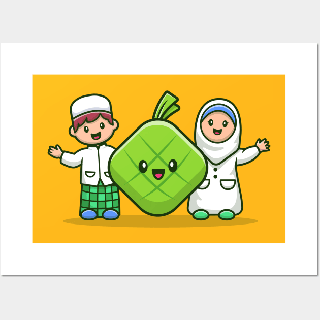 Moslem Couple With Cute Ketupat Cartoon Illustration Wall Art by Catalyst Labs